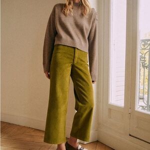 Sezane Le Crop Olive Green Corduroy Wide-Leg Pants